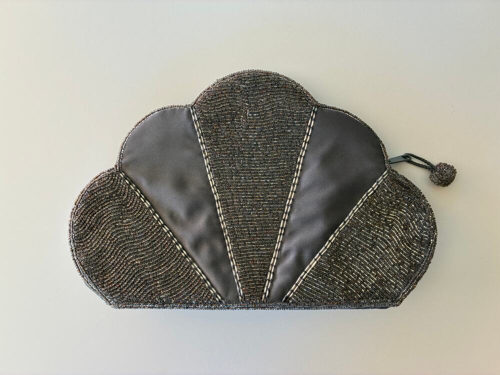 Genie Vintage Clutch Art Deco Fan Shape Beaded with Satin Accents Zip Close